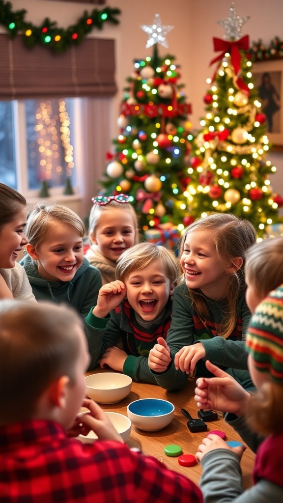 Older kids enjoying Christmas games together, with a decorated tree and festive atmosphere.